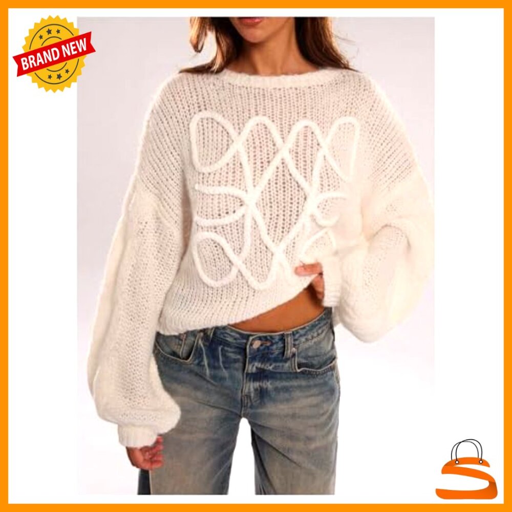 Oversized Y2K Crochet Knit Pullover Sweater Long Sleeve Crew Neck - Picture 5 of 5